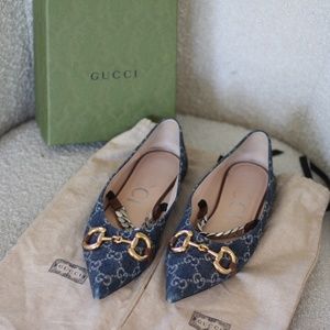 Gucci Horsebit GG Logo Ballet Flat Denim
